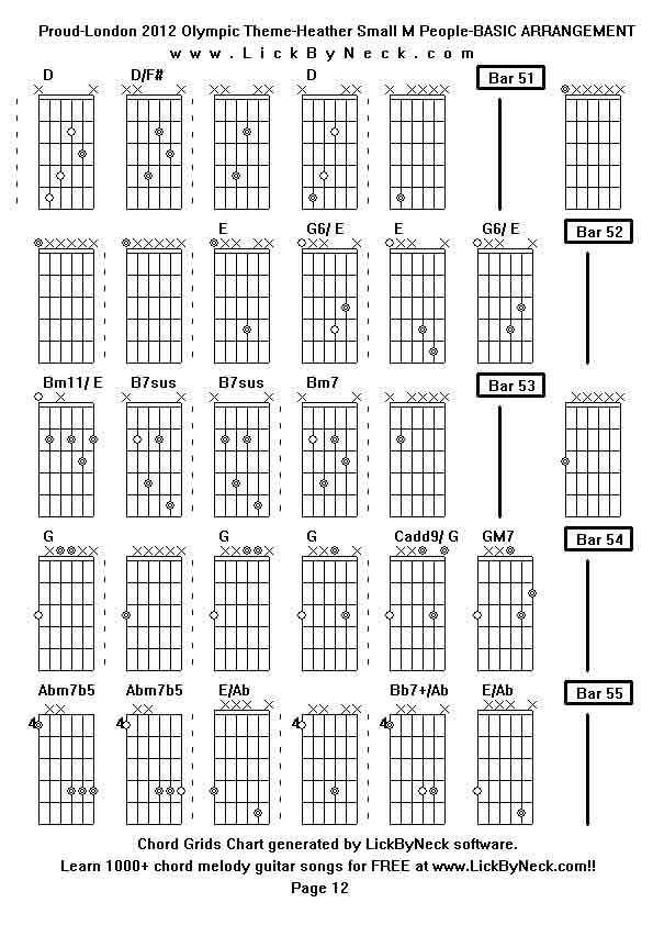 Chord Grids Chart of chord melody fingerstyle guitar song-Proud-London 2012 Olympic Theme-Heather Small M People-BASIC ARRANGEMENT,generated by LickByNeck software.